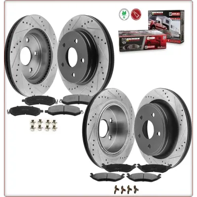 DISCHI FRENO FORATI E PASTIGLIE ANTERIORI E POSTERIORI PER DODGE RAM 1500 2002 -...