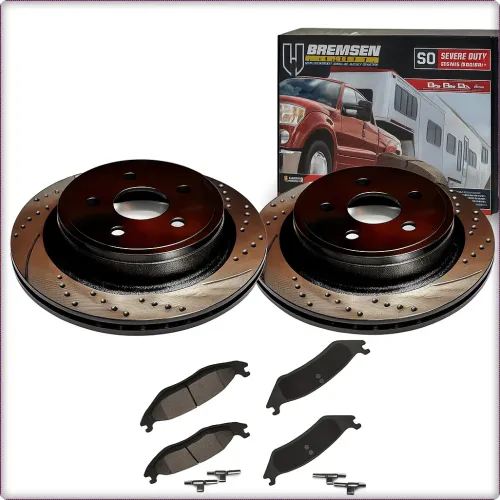 2X DISCHI FRENO FORATI E BAFFATI CON PASTIGLIE POSTERIORI PER DODGE RAM 1500 2002 - 2024 NERO