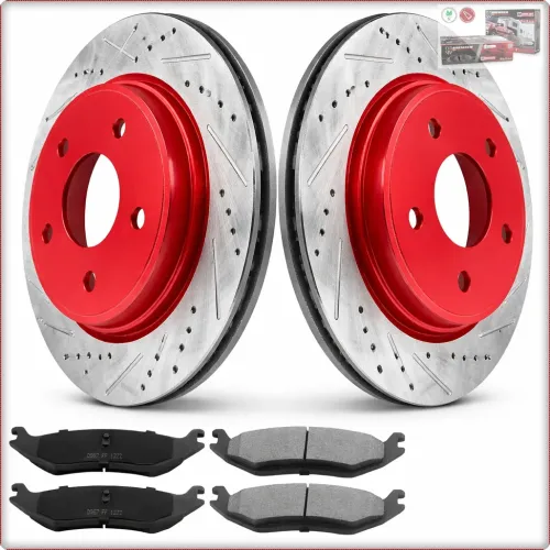 2X DISCHI FRENO FORATI E BAFFATI CON PASTIGLIE POSTERIORI PER DODGE RAM 1500 2002 - 2024 ROSSI