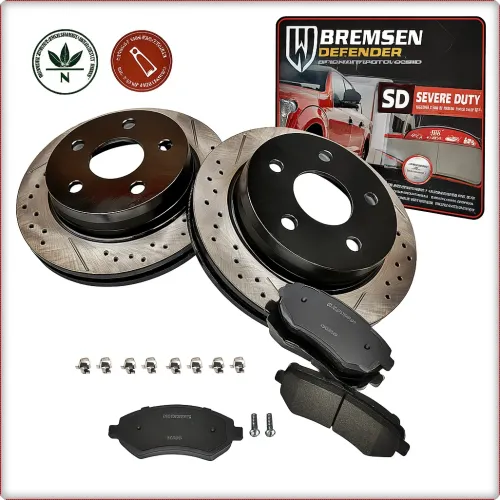 2X DISCHI FRENO FORATI E BAFFATI CON PASTIGLIE ANTERIORI PER DODGE RAM 1500 2006 - 2024 NERO