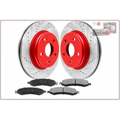 2X DISCHI FRENO FORATI E BAFFATI CON PASTIGLIE ANTERIORI PER DODGE RAM 1500 2006 - 2024 ROSSI