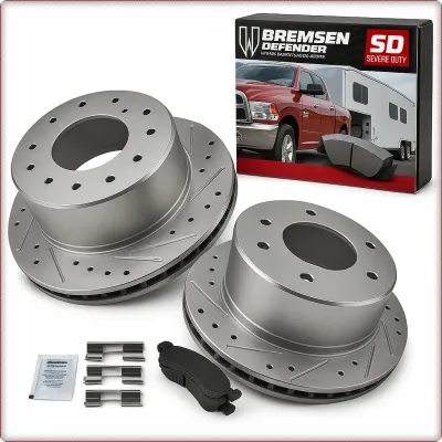 2X DISCHI FRENO FORATI E PASTIGLIE POSTERIORI PER DODGE RAM 2500 3500 2003 - 200...